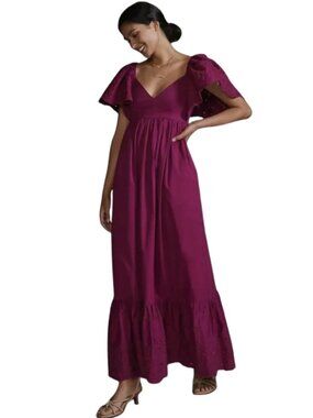 Anthropologie En Saison Flutter-Puff Sleeve Maxi Dress Cottagecore Purple Small